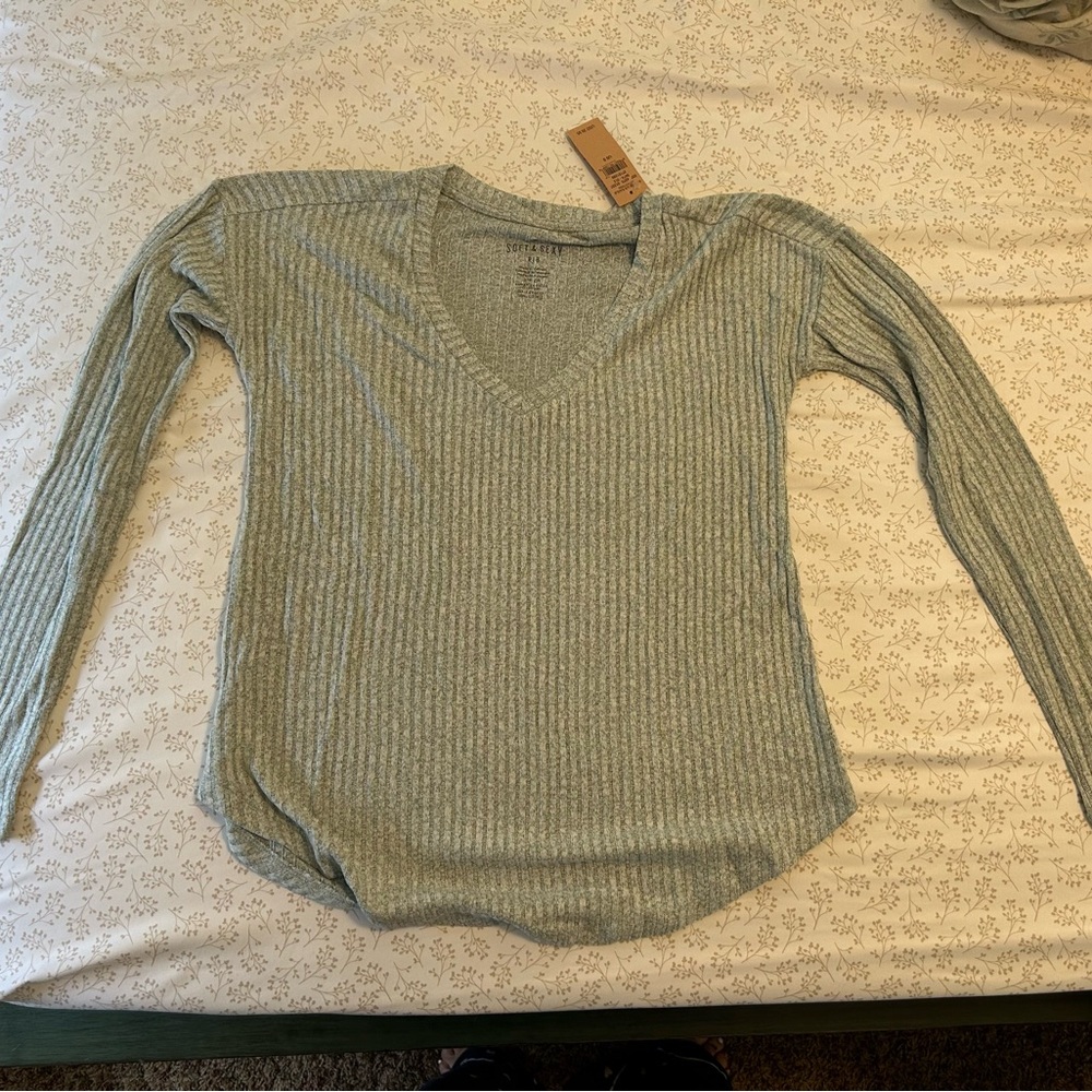 Soft and Sexy Ribbed V-Neck Long Sleeve Top-Light Seafoam Green, American Eagle